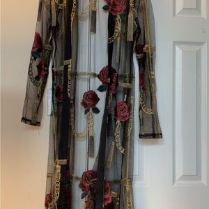 Elegant Black and Red Floral Sheer Dress